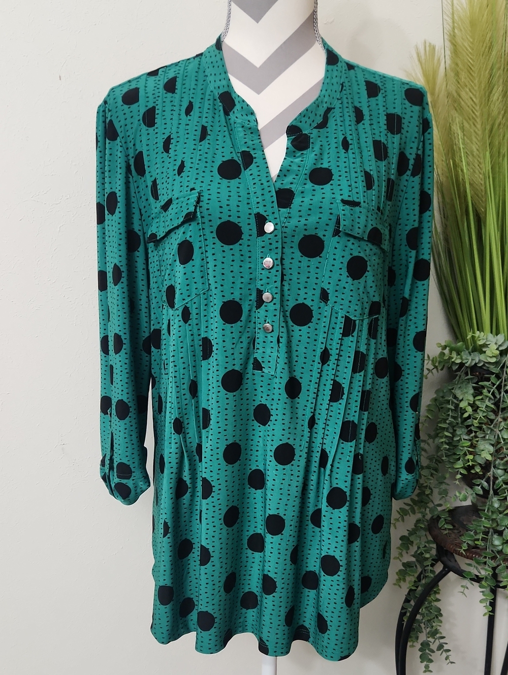 Cocomo Green Black Polka Dot Blouse